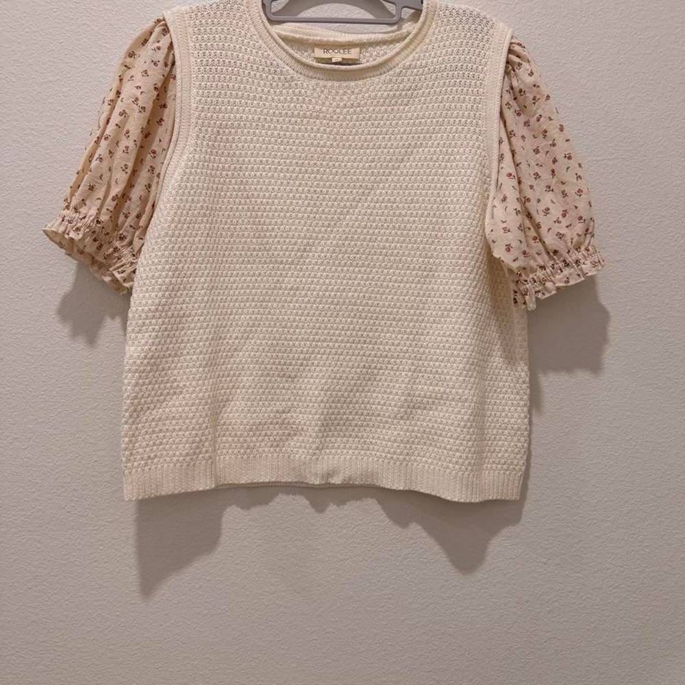 Roolee Cream knit sweater with small floral print on sleeves